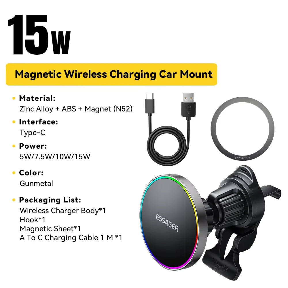 Support Voiture Magnétique avec Charge Sans Fil 15W – Compatible MagSafe